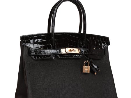 Hermes Birkin 30 Black Niloticus Crocodile and Togo Touch Rose Gold Hardware For Sale