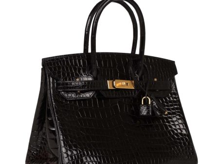 Hermes Birkin 30 Black Shiny Crocodile Porosus Gold Hardware For Discount